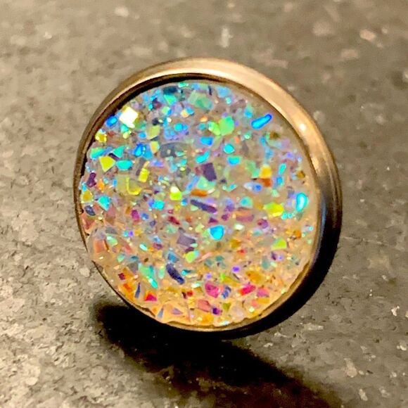 Men’s Round White Iridescent Prism Faux Druzy Hip Hop Iced Out Stud Earrings NEW - Picture 6 of 10